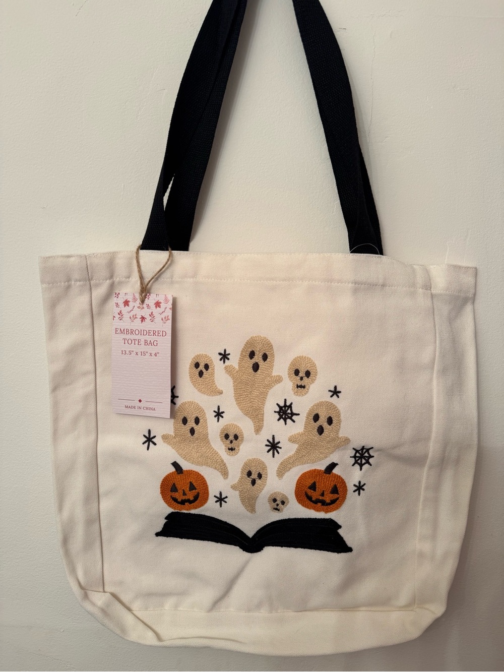 Embroidered Halloween Ghost & Pumpkin Book Tote Bag